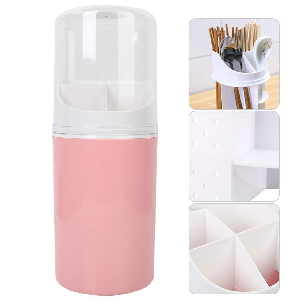 Utensil Drying Caddy, Kitchen Utensil Holder, Chopsticks Holder Drying Rack with Cover 4 Slots Cutlery Storage Organizer for Forks Spoons Cutlery Caddy Bin(Pink)
