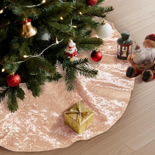 Poise3EHome Rose Gold Christmas Tree Skirt, 24 Inch Sequin Tree Skirt