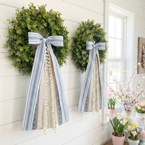 Suncalla 2 Pcs Grayish Blue and Ivory Ribbon Bow for Wreath Front Door