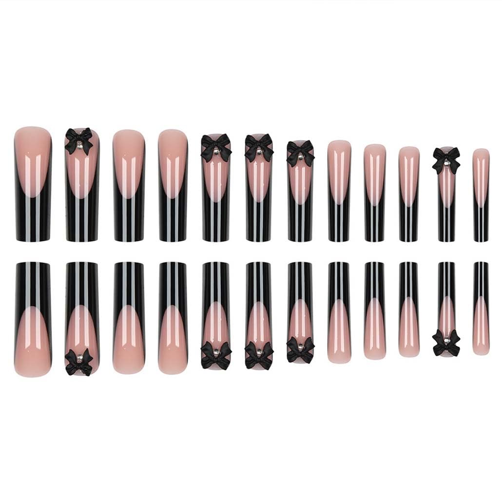 Foccna Black Press on Nails Long, Extra Long Clear Fake Nails French Square Acrylic False Nails,Artificial Nails for Women and Girls 24 pcs