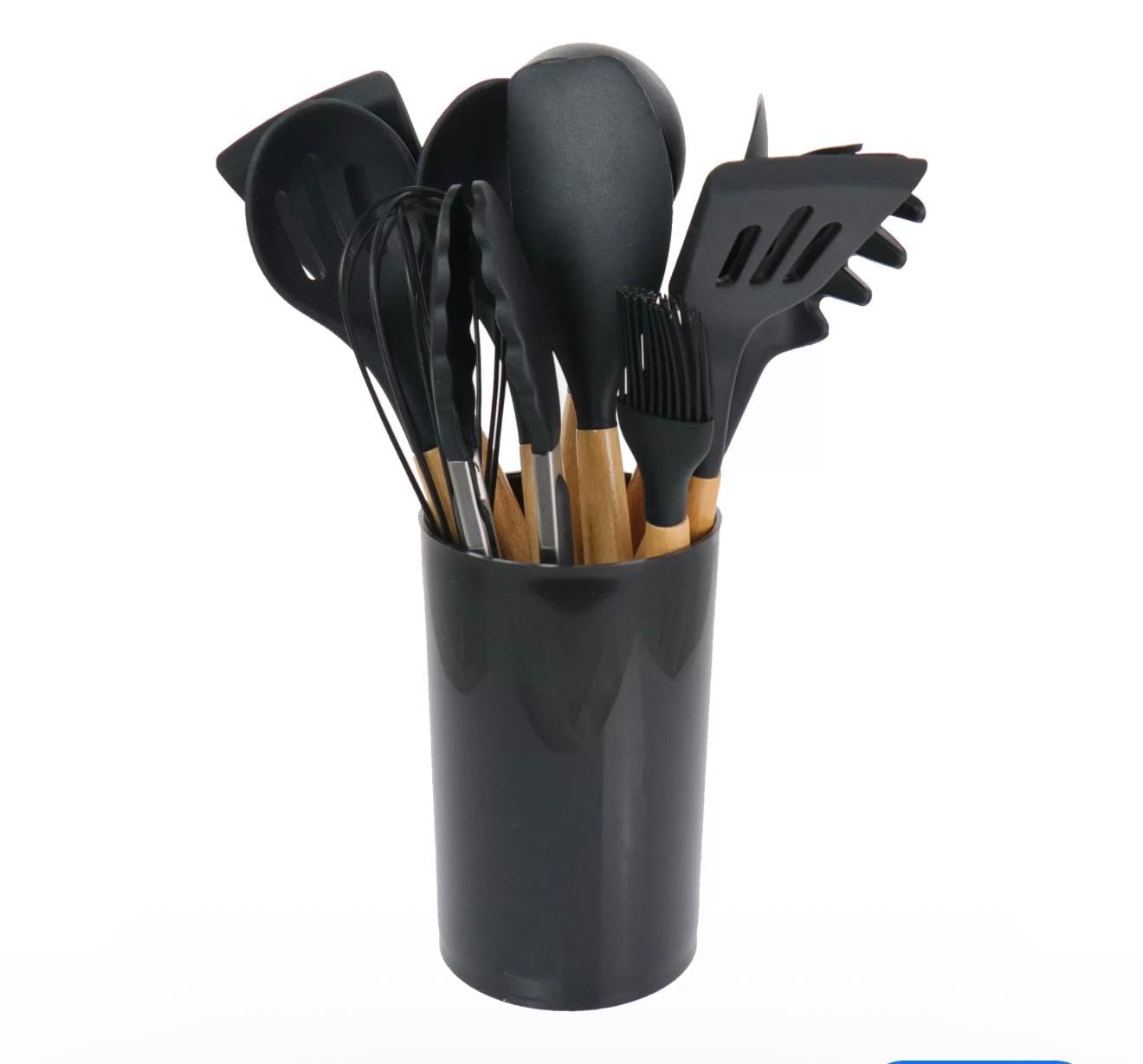 Silicone Kitchen Utensil Set with Wooden Handles – 12 Pieces + Holder, Heat Resistant, Non-Stick Cooking Tools (Multiple Colors (black)