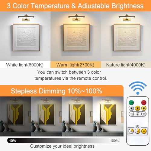 Tassuowell Rechargeable Picture Light with Remote Control,12 Inch Brass Finish Adjustable Wireless Art Lighting Fixture,Painting Lights with Timer,3 Color Temperature and Dimmable - color: Brass, size: 12inch