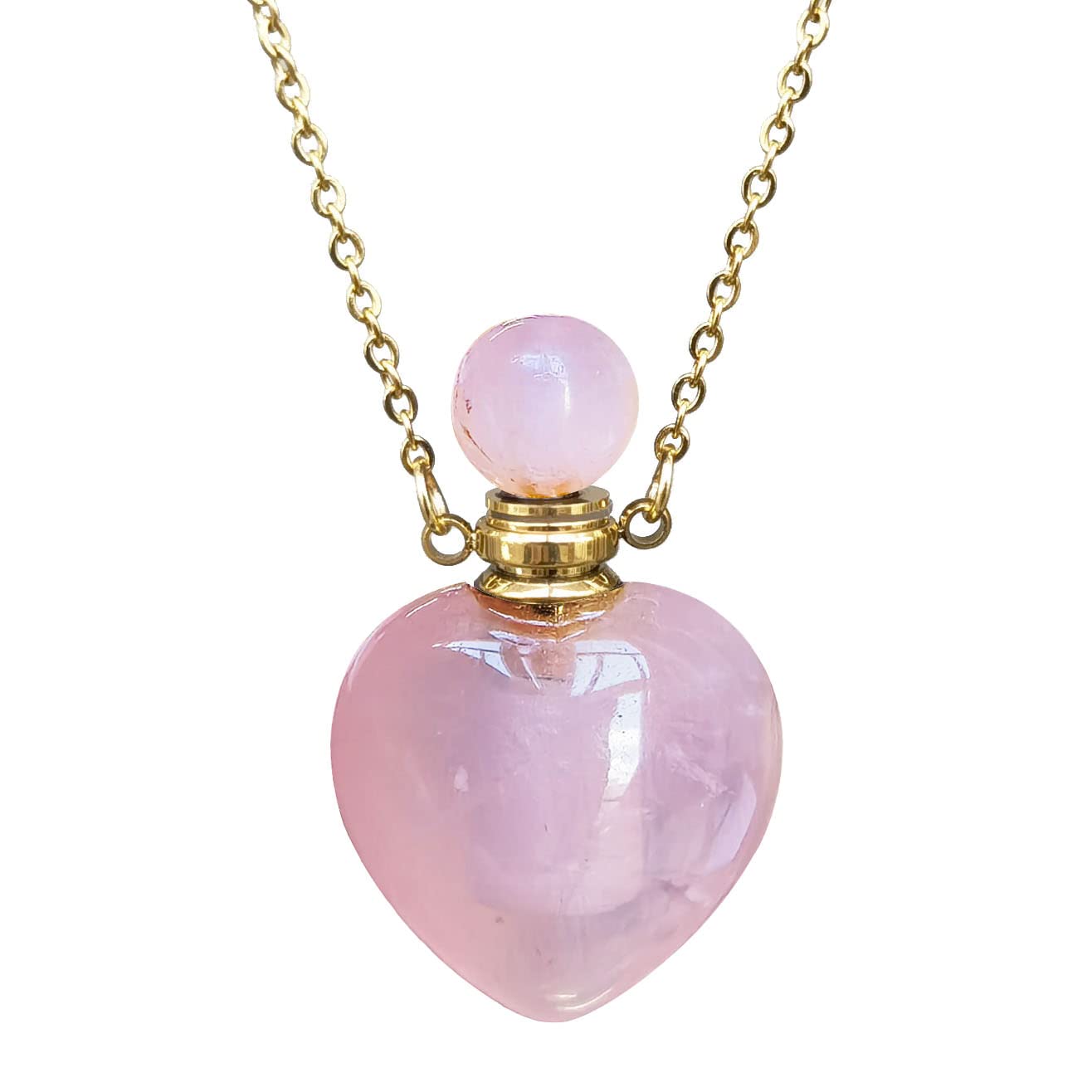 Ladywowu Real Rose Quartz Perfume Bottle Necklace, Rose Quartz Heart Stone Vial Necklace for Essential Oil
