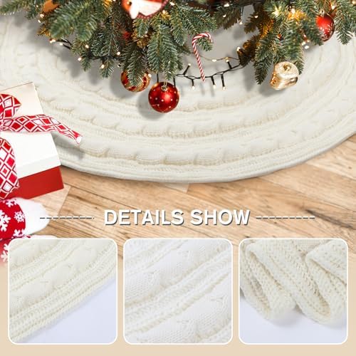 Knitted Christmas Tree Skirt,48 Inch Knit Christmas Tree Skirt Rustic Cream Ivory White Tree Skirt Cable Knit Xmas Tree Skirt for Holiday Decoration