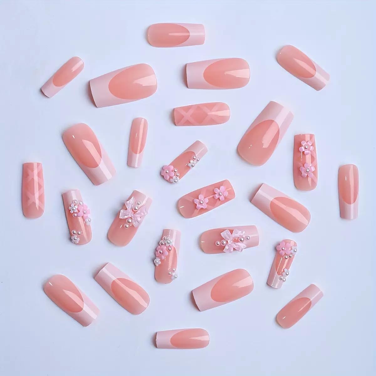 French Tip Press on Nails Square Medium Length Fake Nails 3D Flowers Acrylic Nails Spring Floral False Nails Glossy Ballet Artificial Nails Glue on Nails for Women Manicure Nails Decoration 24Pcs