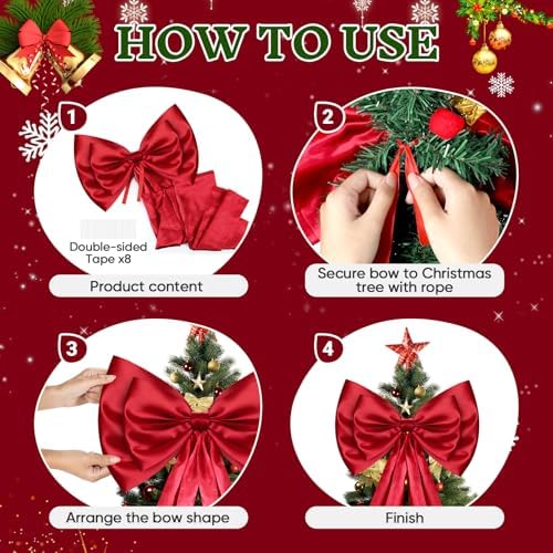 Christmas Tree Topper Bow, Double-Layer Giant Bows Christmas Decorations, Christmas Wreath Bows for Home Wreath Wall Backdrop Birthday Wedding Party Decor (Red Bow, 87 INCH)
