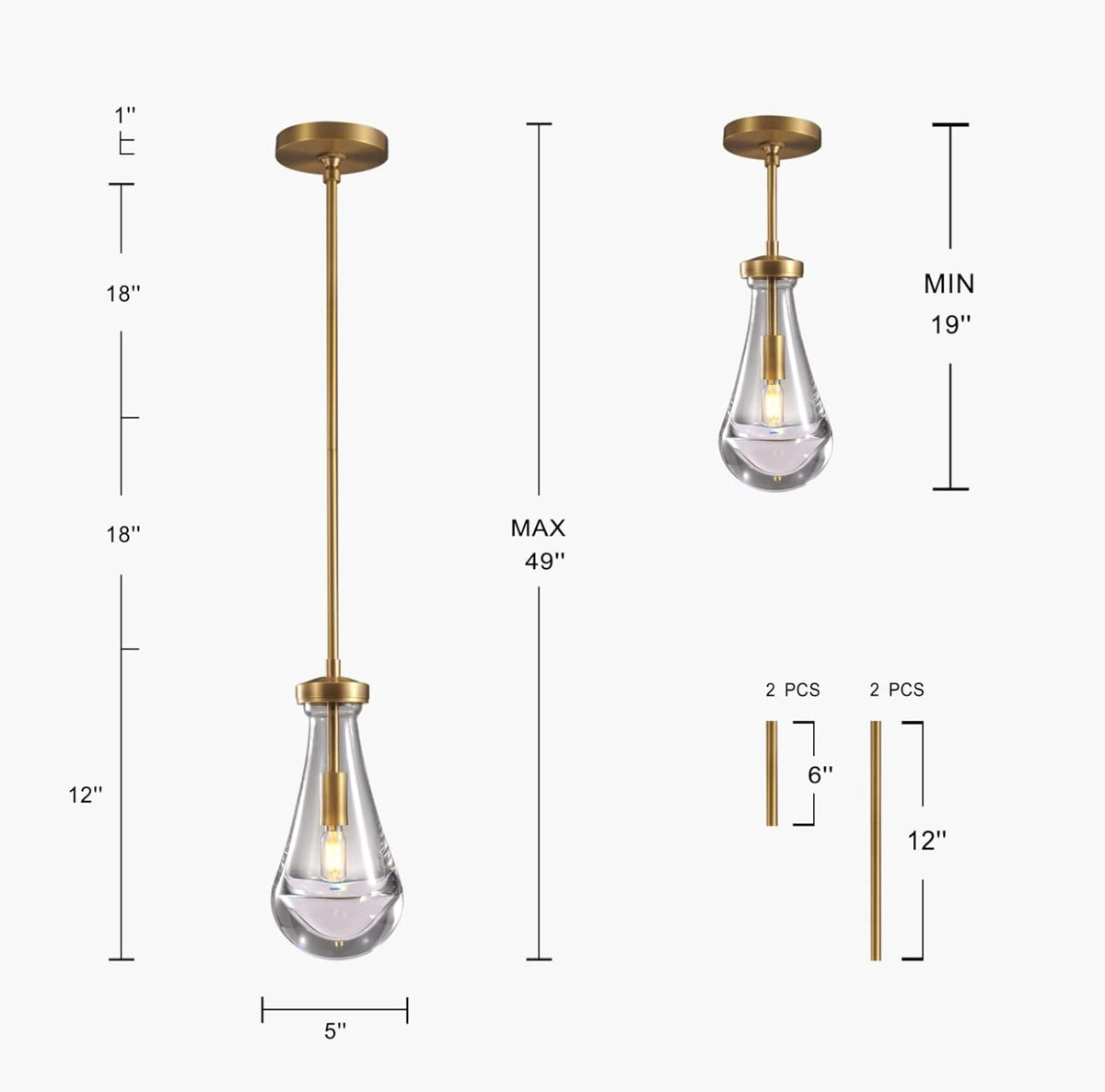 Modern Raindrop Pendant Lights, Pendant Lights for Kitchen Island, Brass Rod Dining Room Light Fixture， Clear Solid Raindrop Chandelier, Chandelier for Living Room Hallway, Including Bulb