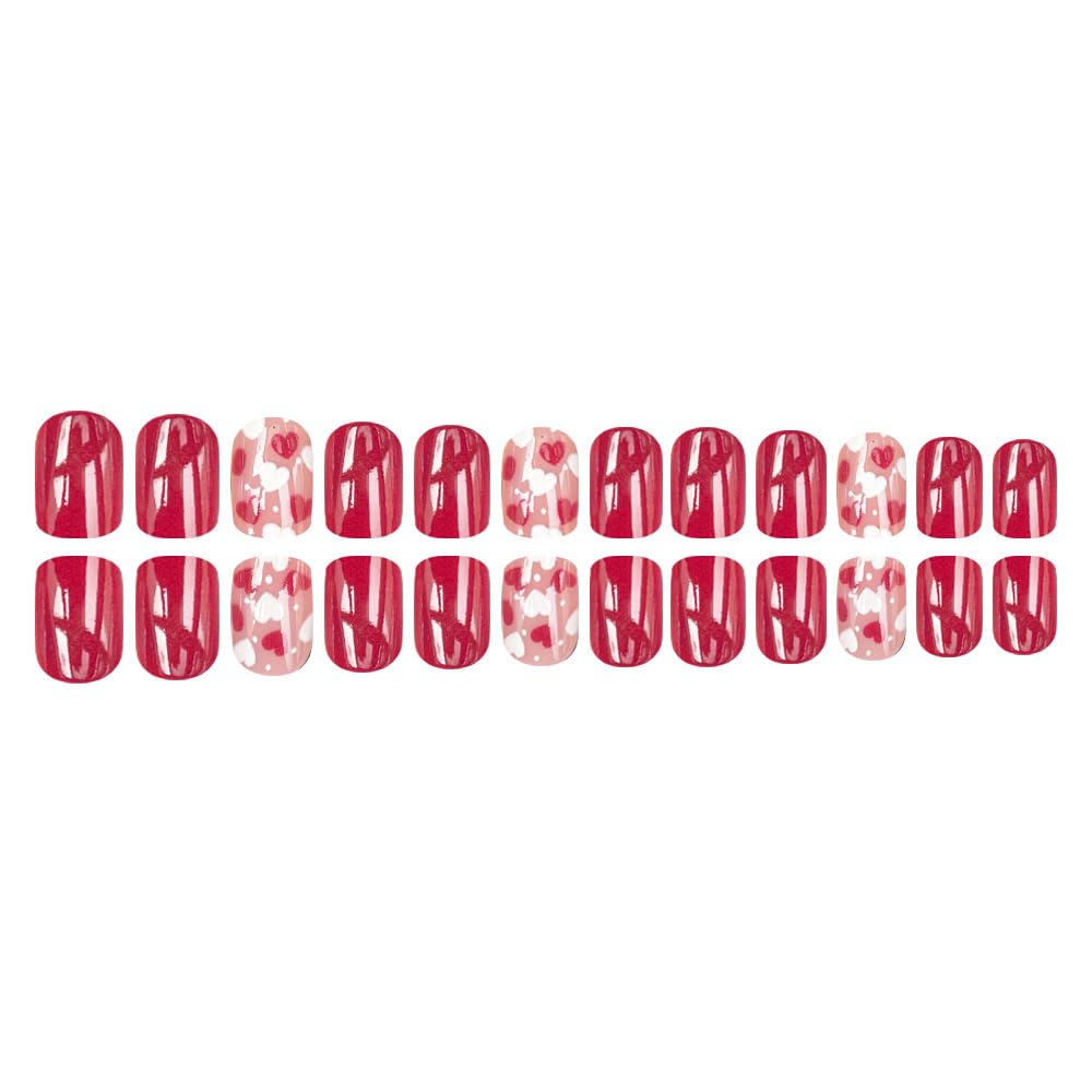 24Pcs Valentine Short Press on Nails Wine Red Fake Nails Heart Full Cover Glue on Nails Square White Heart False Nails for Women Glossy Acrylic Nails Press ons Valentine Nails Manicure Kit