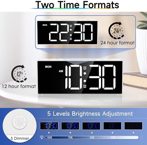 Alarm Clock with Large Display Big Numbers,5 Levels Brightness???Snooze,USB Charging Port,LED and Mirror Desk Clock,Dual Alarms Modern Electronic Clock for Bedroom Home Living Room Office. (White)