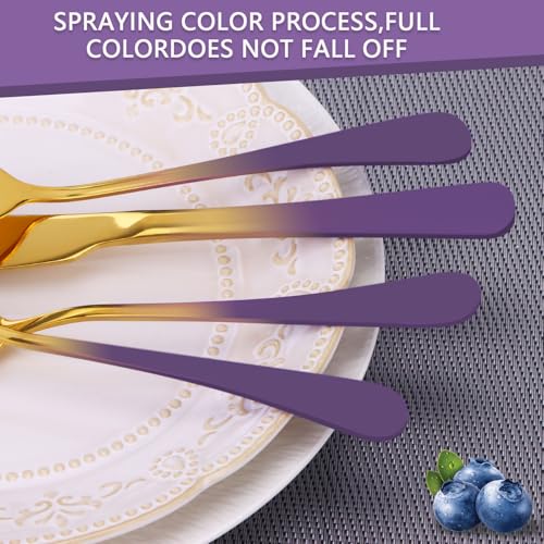 24 Pieces Flatware Set, Stainless Steel Cutlery Set with Silverware Holder, Modern Gold Silverware Set Includes Dinner Knives Forks Spoons,Hanging Silverware Set Service for 6 (Purple) - color: Purple