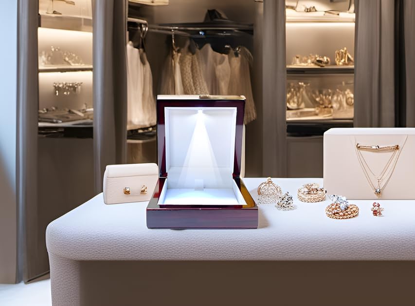 Necklace Box with LED Light – Small Jewelry Display Case for Bracelet, Earrings, or Chains – Luxury Lighted Wooden Presentation Box for Gifts, DIY Crafts, Mahogany, White Interior