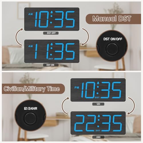 DreamSky Wooden Digital Alarm Clock for Bedroom with Large Numbers | Desk Clocks for Living Room, Dimmer, Loud Alarm for Heavy Sleepers with Volume Control, DST, Office Wood Decor (Plug-in)