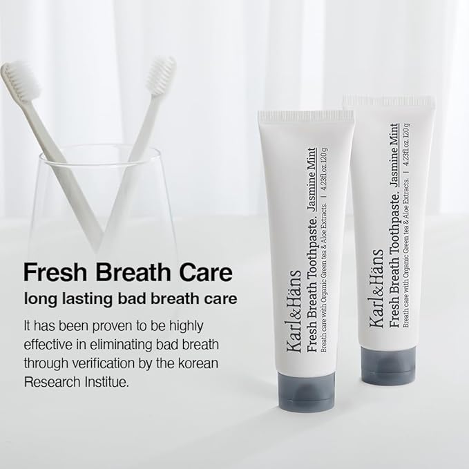 Karl&Hans Fresh Breath Jasmine Mint Toothpaste with Fluoride – Bad Breath Removal, Cooling Jasmine Mint Freshness, Cavity Protection, Whitening & Stain Removal, 4.23 fl oz