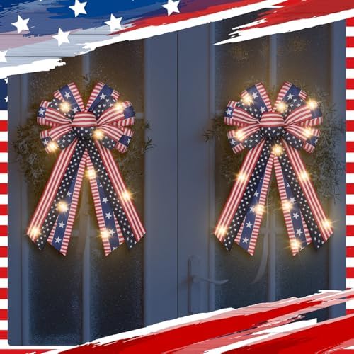 2 Pcs Patriotic 4th of July Lighted Wreath Bow Large Red White and Blue 250th Anniversary Burlap Tree Topper American Flag Star Independence Memorial Day Indoor Outdoor Decoration(Classic)