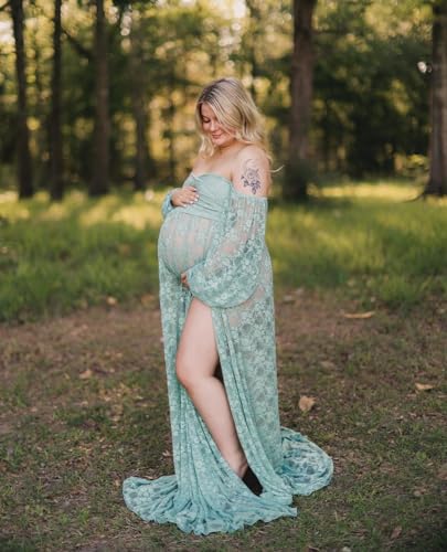 Saslax Soft Stretchy Lace Off Shoulder Doubly Split A-line Skirt Maternity Dress Pregnancy Maxi Gown for Photoshoot - color: Sage, size: X-Large