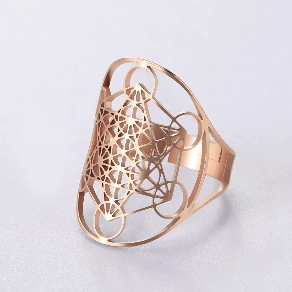 Amaxer Metatron's Cube Ring Archangel Metatron Protection Statement Hollowed Out Womens Stainless Steel Open Band Ring Jewelry