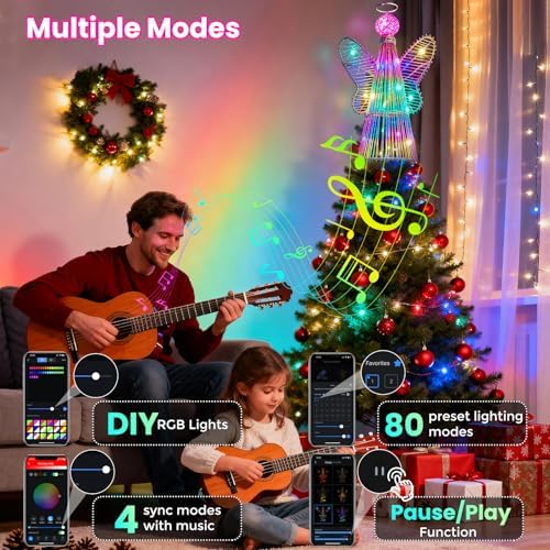 Christmas Tree Topper, 3D Gold Angel with Multi‑Color LED Lights, Smart APP Control and Music Sync Lighted Xmas Tree Topper for Indoor Home Desktop Decorations