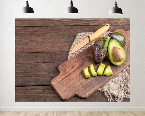 Trykid 7x5ft Fresh Avocado Wood Board Backdrop Healthy Food Kitchen Photography Background Cooking Food Blog Party Decoration Tapestry Photo Booth Prop Fabric - size: 7x5ft