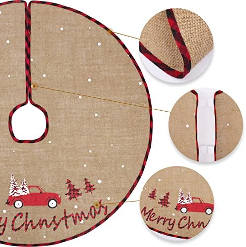 N&T NIETING Christmas Tree Skirt, 30 Inch Rustic Burlap Tree Skirt with Red Truck and Letter Printed Christmas Tree Mat for Xmas Holiday Party Decoration