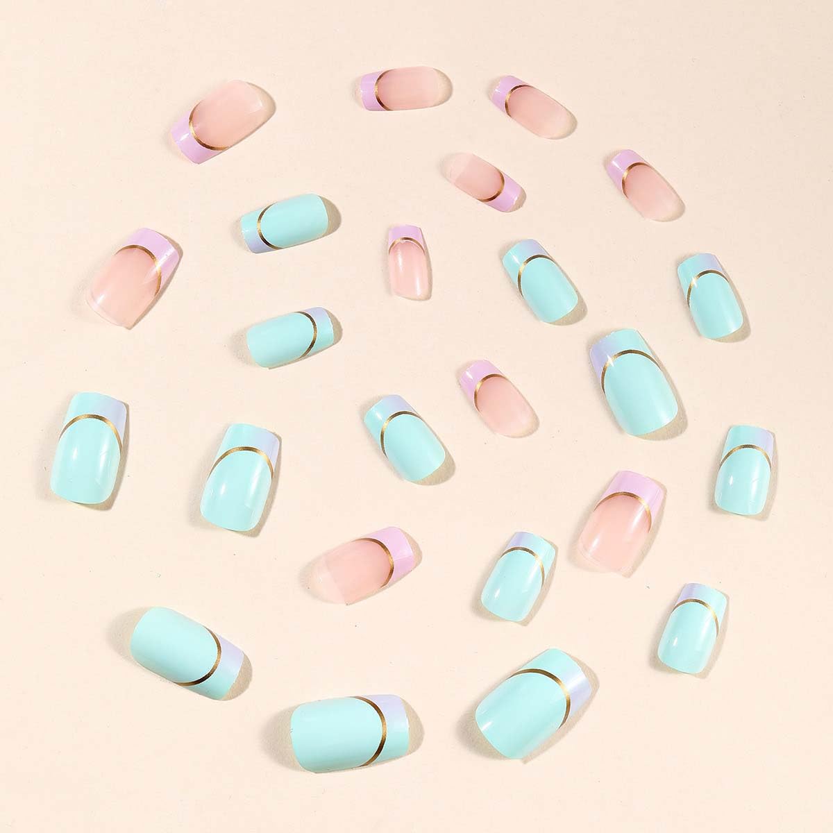 French Tip Press On Nails Medium Square Fake Nails Gold Line With Gradient Design Green False Nails Full Cover Glossy Acrylic Stick On Nail Artificial Cute Glue On Nail For Women 24pcs