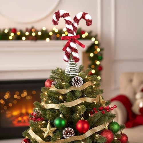 Gejoy Christmas Tree Topper Red Peppermint Candy Cane Bow Tree Topper 10.7 Inch Red and White Sparkling Candy Lollipop Xmas Toppers Christmas Ornament Decorations for Holiday Decor (Cute)