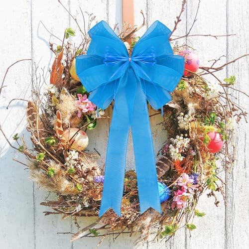 2 Pack Blue Christmas Tree Bows 12x20inch Large Burlap Wreath Bow with Glitter String for Christmas Tree Topper,Home Front Door Decor,Easter Bow,Valentines and Party Decor