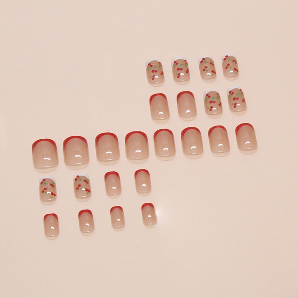 French Tips Press on Nails Pink Glossy Fake Nails Cute Cherry Designs Short False Nails Square Stick on Nails Full Cover Red White Nail Tips Acrylic Nail Art Kit for Women Manicure Decoration 24 Pcs