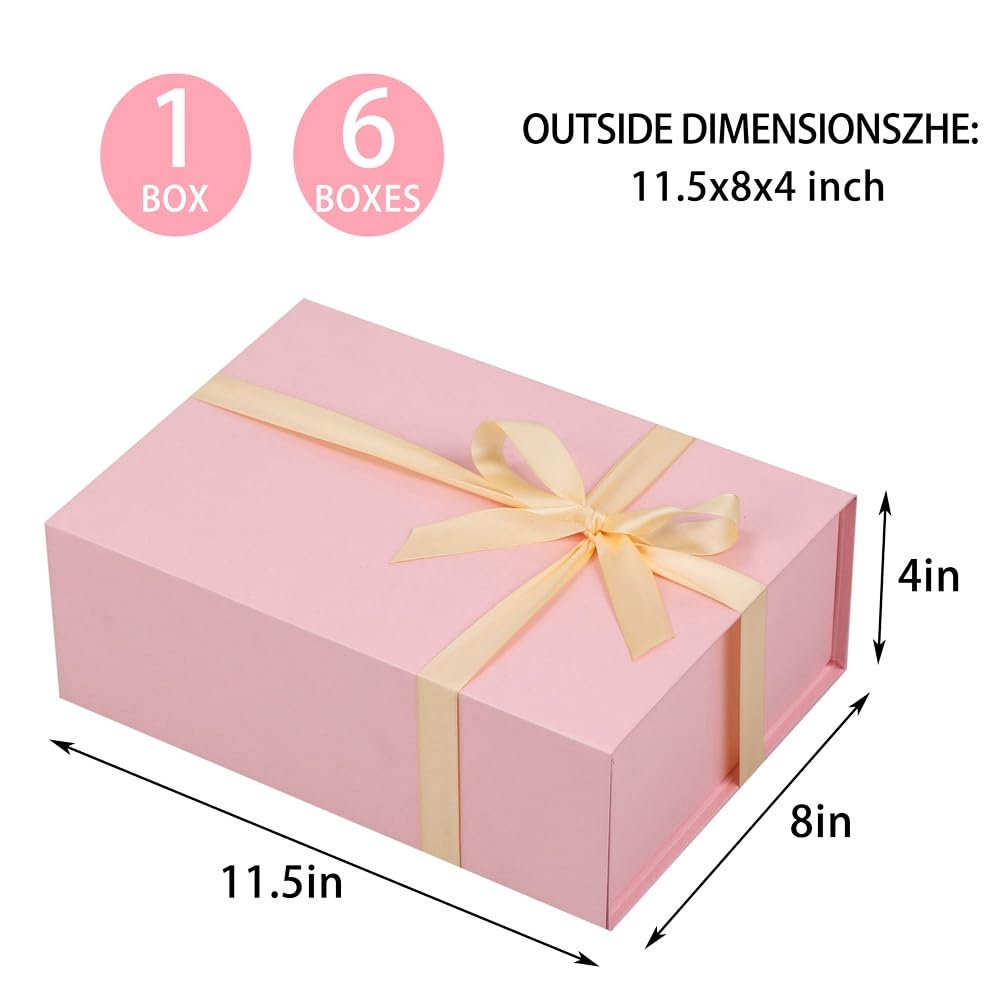UoeRing 6 Pack Pink Gift Box 11.5x8x4 inch Luxury Gift Box for Presents with Magnetic Lid Collapsible,Bridesmaid Proposal,Contains Card, Ribbon, Tissue Paper,Shredded Paper Fille