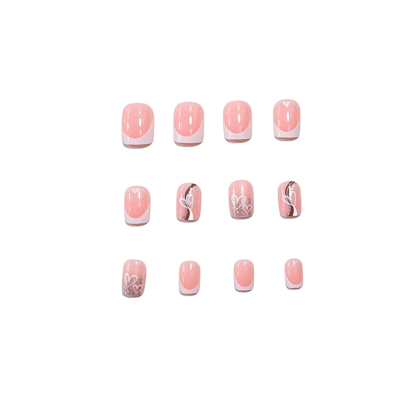 RUOKEXIN Medium Square Press on Nails White French Tip Fake Nails Gold Sparkly False Nails with Heart Designs Valentine Day Glue on Nails Glossy Artificial Nails Cute Stick on Nails for Women 24Pcs