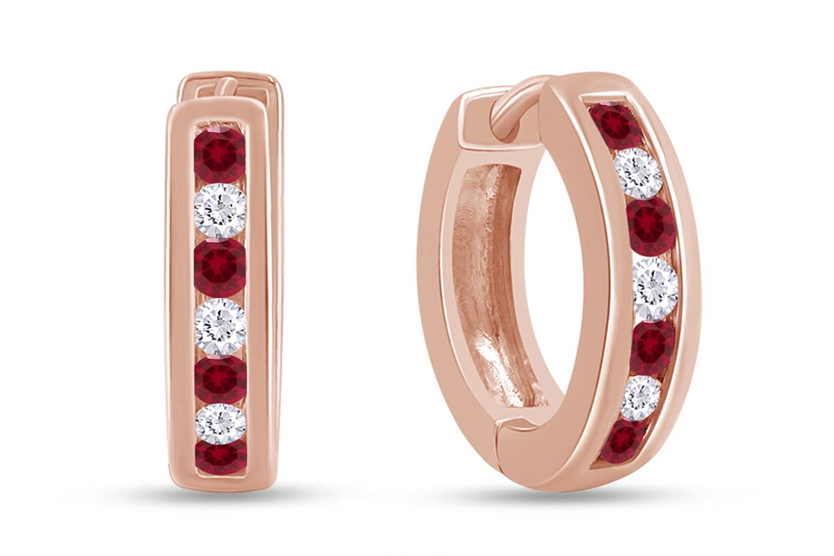 Huggie Earrings for Women, 14K Rose Gold Over Sterling Silver Hoop Earrings with Simulated Ruby and White Cubic Zirconia, Dainty Elegant Jewelry Gift