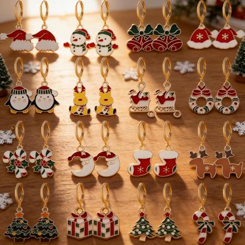 16 Pairs Christmas Reindeer Santa Hoop Earrings for Women Unique Winter Xmas Tree Snowflake Bow Bell Snowman Penguin Earrings Christmas New Year Jewelry Gifts - style: Gift