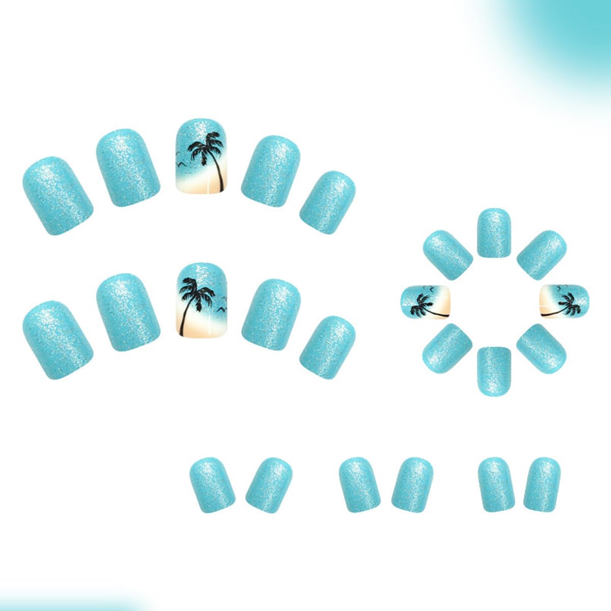 Summer Press on Nails Short Square Fake Nails Beach Coconut Tree False Nails Blue Glitter Acrylic Nails Artificial Full Cover Stick on Nails for Women Manicure 24Pcs