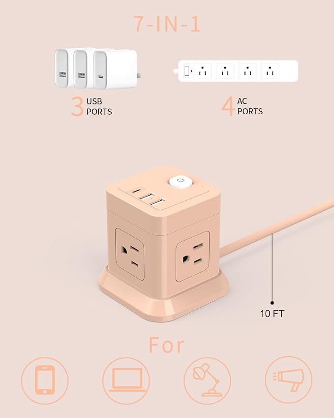 Cube Power Strip, FDTEK 4 Widely Spaced Outlet with 3 USB (1 USB C) Flat Plug Power Strips with Long Extension Cords Space Save Compact Portable for Travel Home Office Cruise - 10FT Pink