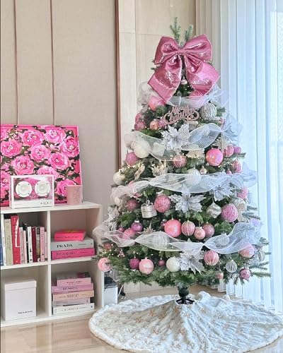 Plush Christmas Tree Skirt White Faux Fur Tree Skirt with Rose Gold Sequin Snowflakes for Merry Christmas Party Tree 36 Inch