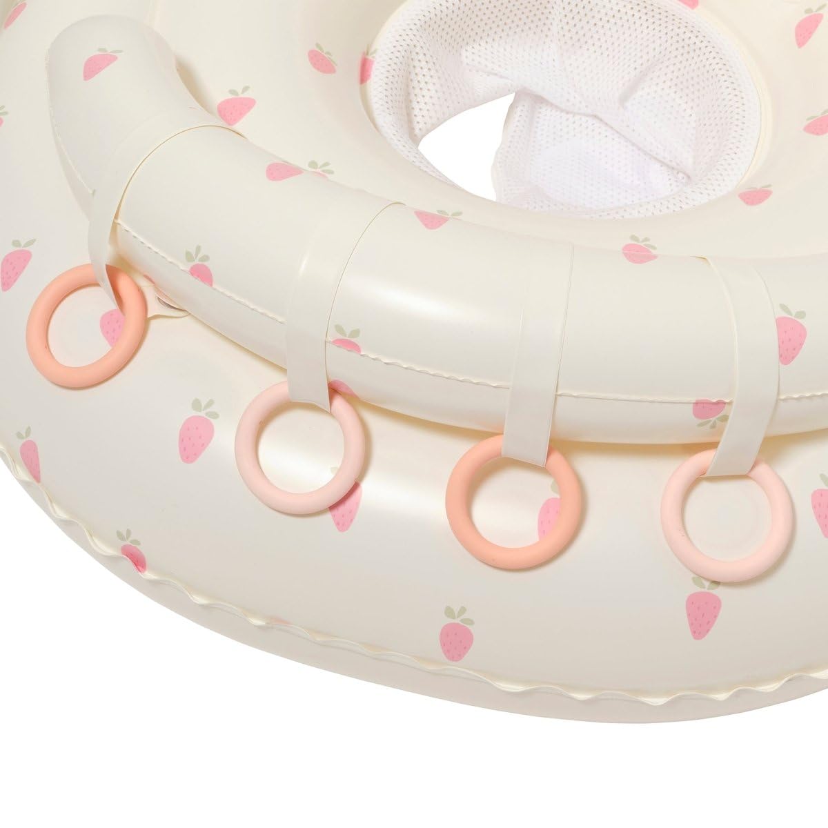 SUNNYLiFE Baby Float with Canopy — UPF40 Infant Pool Float, Adjustable Fabric Seat, 4 Silicone Play Rings | 6-12 Months - Strawberry Sunshine Pink