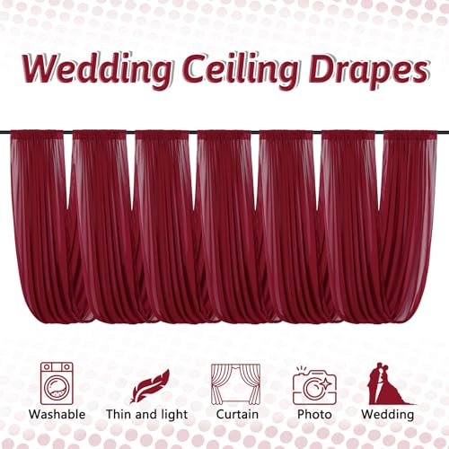DUOBAO Burgundy 5x20ft Chiffon Ceiling Drapes 6pc Elegant Sheer Wedding Backdrop Curtains Ideal for Tent, Banquet Hall, and Photography - color: Burgundy, size: 60"W x 240"L (Pack of 6)