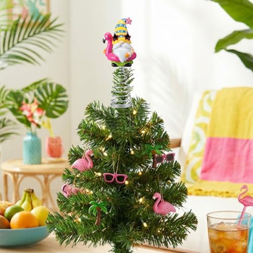 Gejoy Summer Flamingo Gnome Mini Tree Topper 5.1 Inch Tropical Beach Gnome with Spring Base, Mini Summer Tree Top Decorations for Luau Hawaiian Party Tiered Tray Tabletop Decor