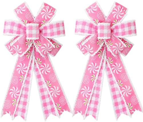 2 Pack Large Pink Christmas Bows for Wreath, 20 x 11 Inch Pre-Tied Wired Ribbon Bows, Candy Theme Tree Topper Bow for Front Door, Garland, Fireplace, Indoor Outdoor Holiday Decorations (Pink)