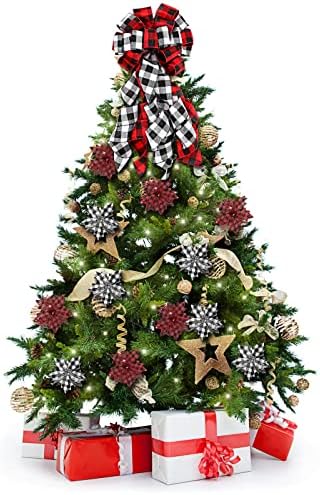 Syhood 13 Pcs Christmas Bow Tree Topper Set Red Black White Buffalo Plaid