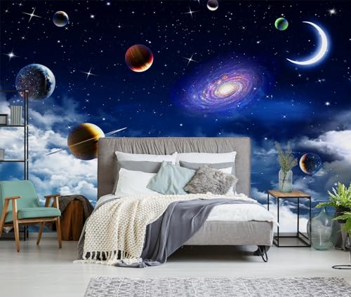 Galaxy Planet Wallpaper Blue Sky Stars Moon Ceiling Wall Mural for Living Room Bedroom（Not Peel and Stick） - color: CYBH-909, size: 130" x 95"