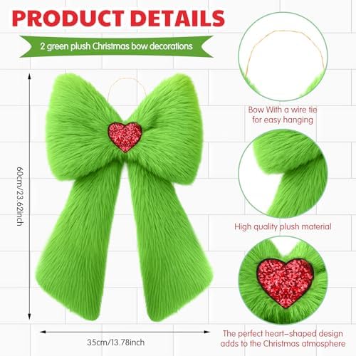 Soulchen 2 Pcs Extra Large Green Christmas Bows Ornaments 23.6" x 13.8" Lime Green Plush Christmas Tree Topper Decorations Furry Xmas Tree Topper for Wreath Door Window Fireplace Staircase Decor
