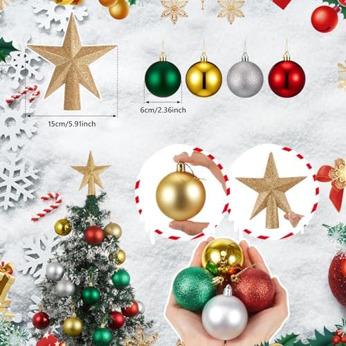 RoundFunny 25 Pcs Mini Christmas Balls Ornaments Set 2.36 Inch Christmas Day Ball Topper Star Tree Hanging Ornaments for Party Decoration(Classic Colors)
