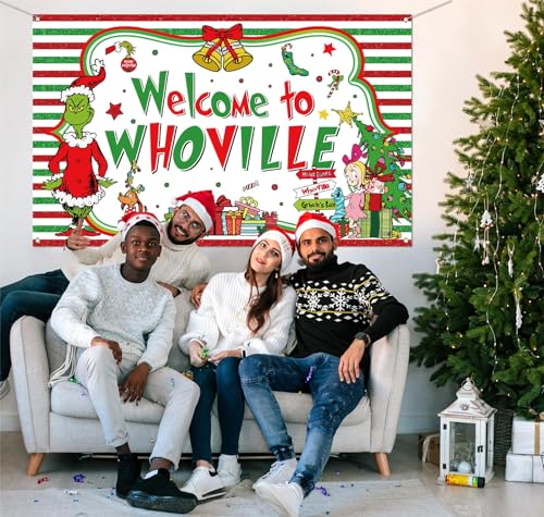 Sunwer Welcome Xmas Photo Booth Backdrop Green Christmas Winter Holiday Party Decorations Home Indoor Outdoor Wall Hanging Banner (White-A, 5.9×3.6ft) - size: 5.9×3.6ft