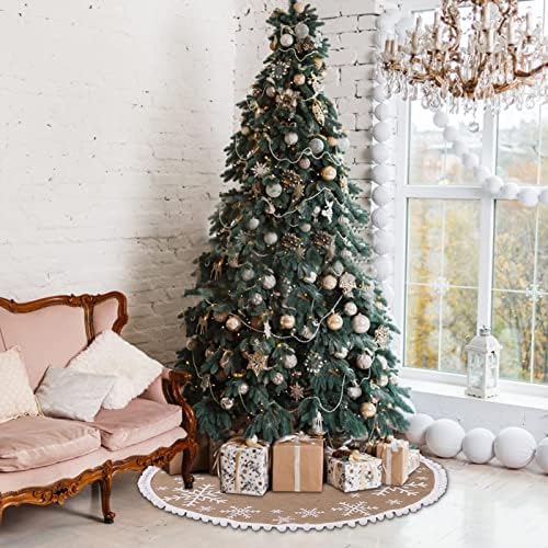 N&T NIETING Burlap Christmas Tree Skirt, 30 Inch Farmhouse Tree Mat with White Snowflakes Printed Pom Poms for Xmas Holiday Party Decoration