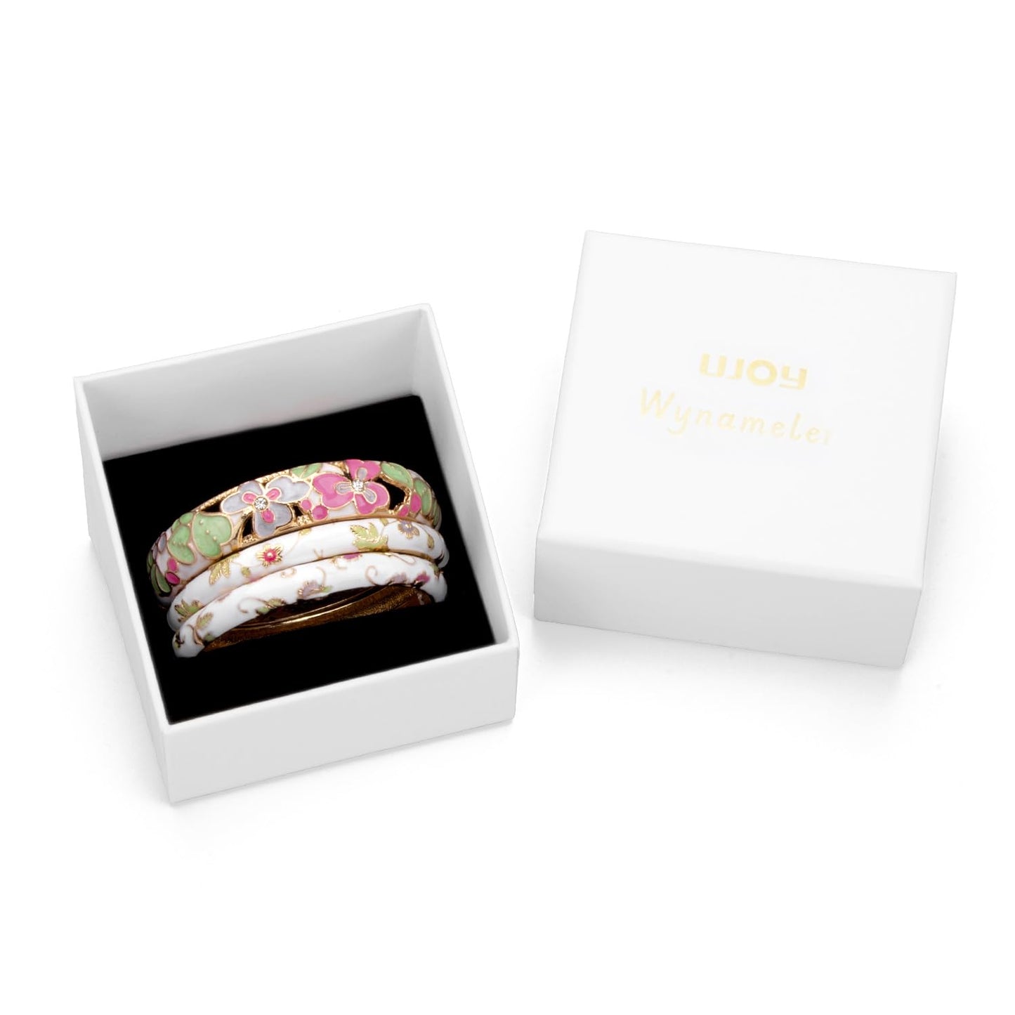 UJOY Vintage Cloisonne Bracelet Beautiful Flower Enamel Hinge Gold Plated Rose Bangles Jewelry for Women's Gifts 88A22 3pcs White