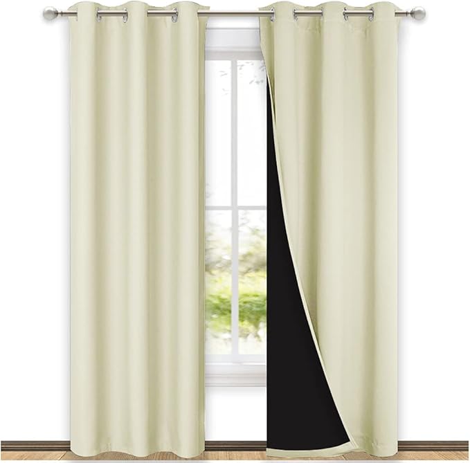NICETOWN Room Warming Blackout Curtains 80 inches Long, Full Light Blocking Drapes with Black Liner for Nursery, Thermal Insulated Draperies for Hall, Villa (Beige, 2 Pieces, 42" Wide Each Panel)