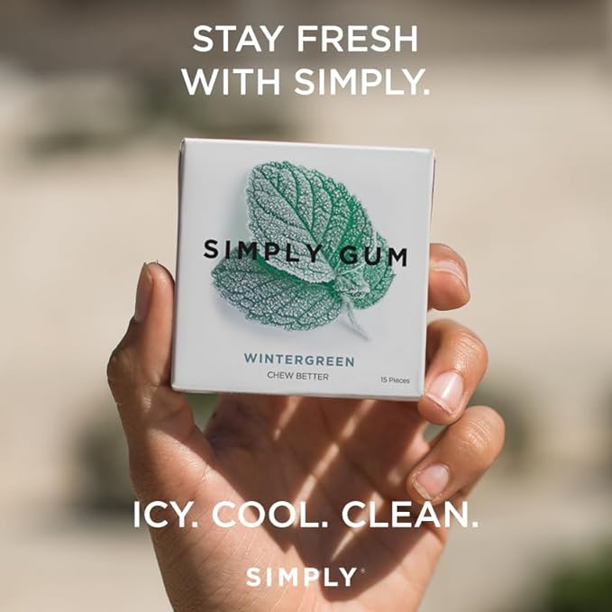 SIMPLY Gum Wintergreen, Plastic-Free Natural Chewing Gum, 6 Pack (90 Pieces) | Vegan, Kosher, Non GMO, Aspartame Free and Sorbitol Free