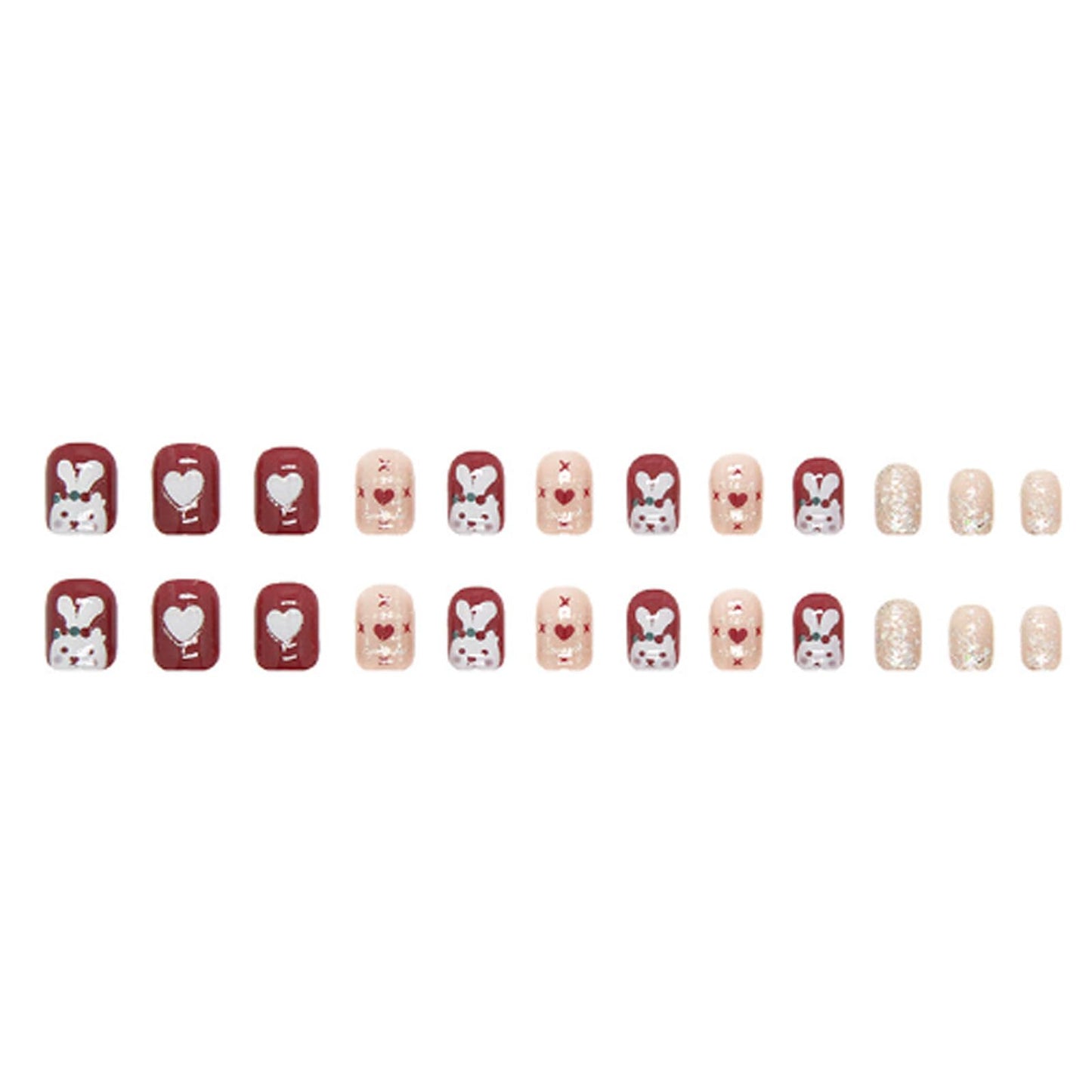 Hkanlre Square Rabbit Press on Nails Short Sequins Tips Full Cover Red False Nails Fake Nails for Women 24PCS