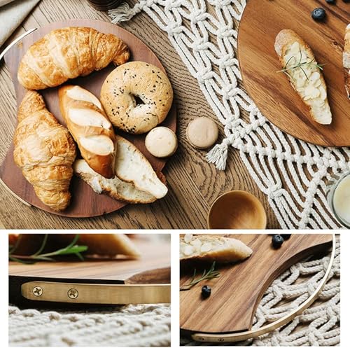 Round Wooden Cutting Board with Handle, Retro Style Pizza, Sushi, Bread Serving Tray, Kitchen Photography Prop 26.5cm
