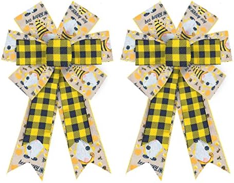 Hying 2PCS Spring Bee Bow for Wreath, Yellow Bumble Bee Wreath Bow Gnome Yellow Buffalo Plaid Bows for Front Door Indoor Outdoor Tree Topper Decoration Supplies Ornament